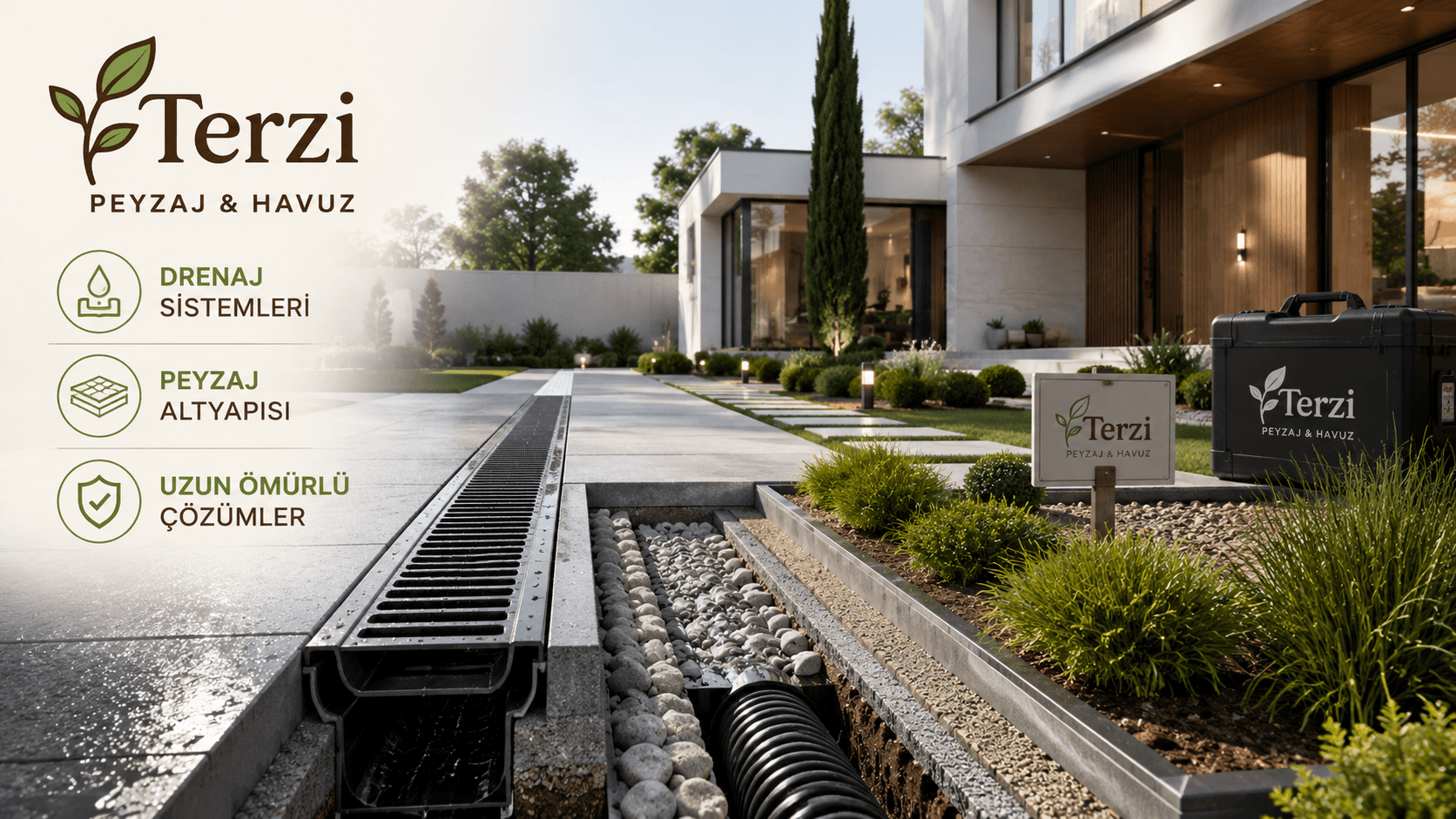Villa girişinde drenaj sistemi ve peyzaj altyapısı uygulaması